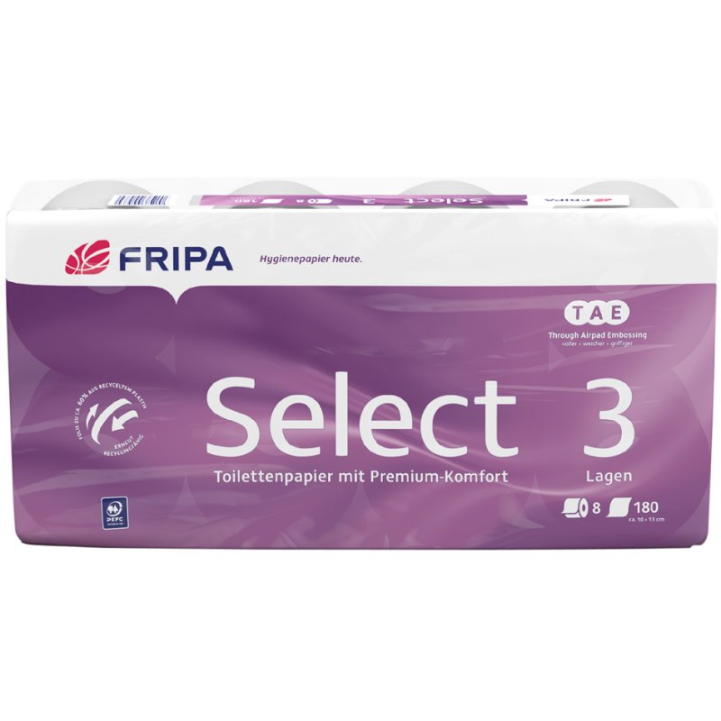 fripa papier toilette Select, 3 épaisseurs, blanc pur, 8 rouleaux